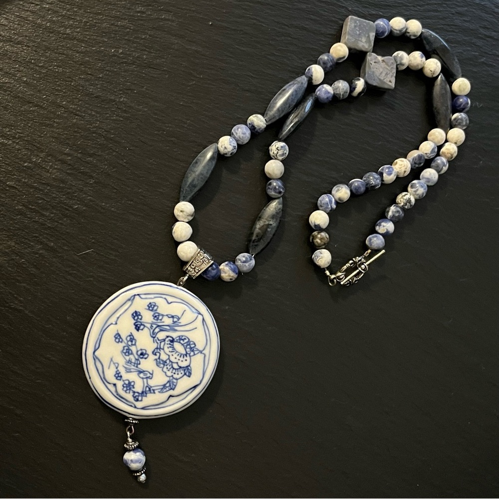Vintage Asian Porcelain Medallion Sodalite Beaded Natural Stone Necklace